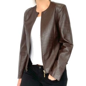 Cynthia Steffe New York Brown Leather Mock Croc Zip Front Crop Jacket Vintage